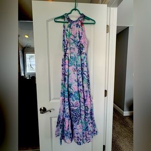 Floral Halter Maxi Dress in Pink and Blue